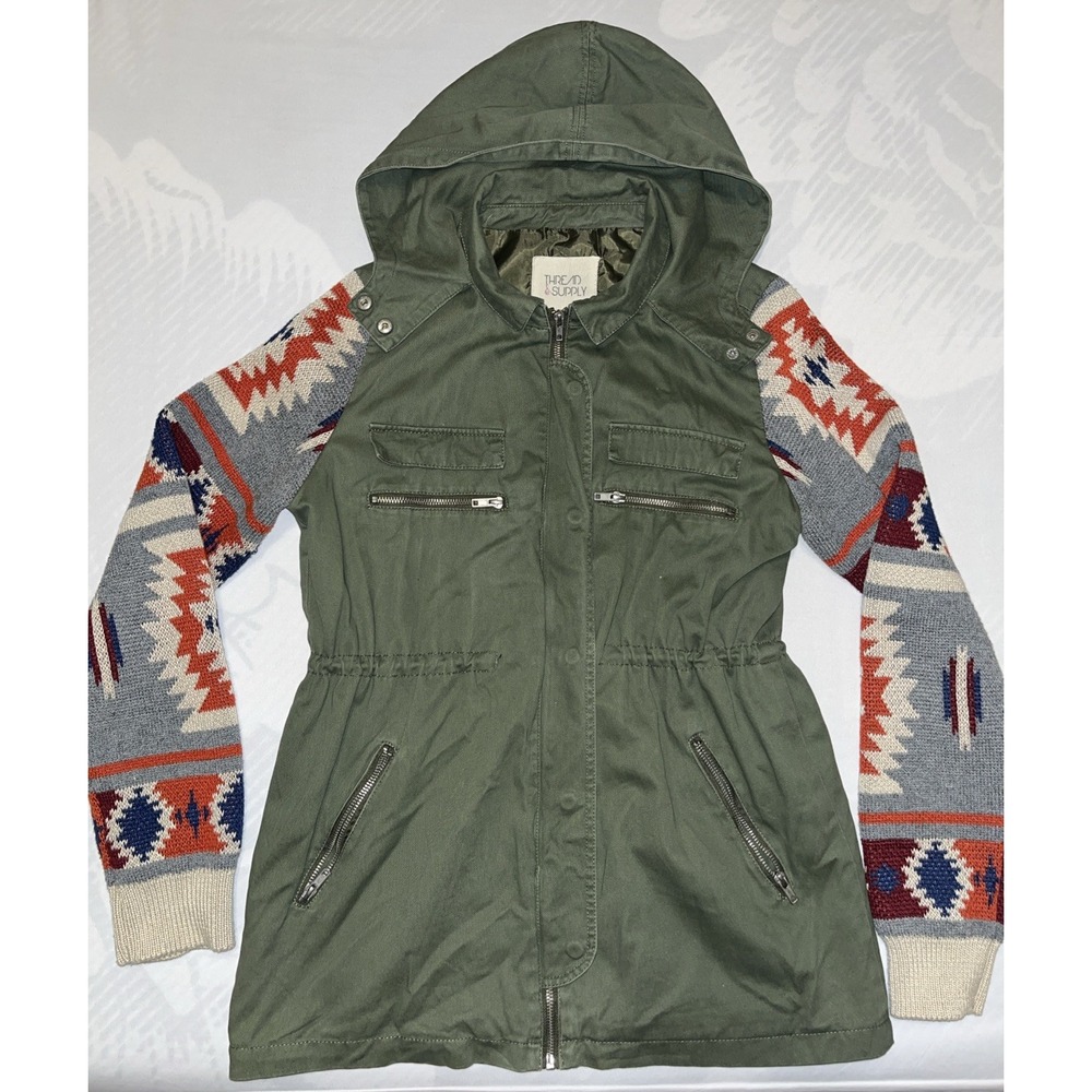Thread & Supply Utility Jacket Aztec Patterned Knit Sleeves Large L  Army Green